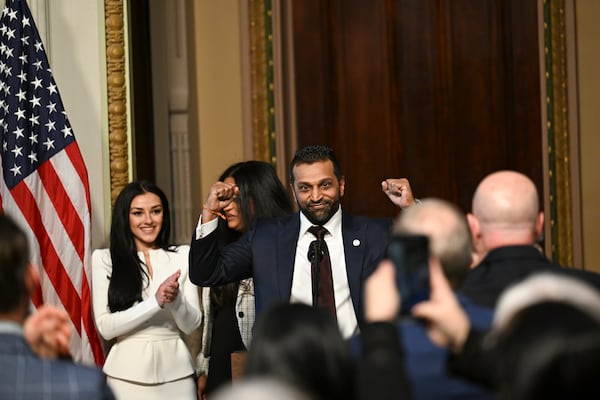 
                        FBI Director Kash Patel react after a swearing-in ceremony in the Indian Treaty Room at the Eisenhower Executive Office Building on the White House grounds in Washington, Feb. 21, 2025. In a call with top agents, Kash Patel, the new director of the Federal Bureau of Investigation, discussed fitness standards, playing on the bureau’s hockey team, and partnering with Ultimate Fighting Championship. (Kenny Holston/The New York Times)
                      