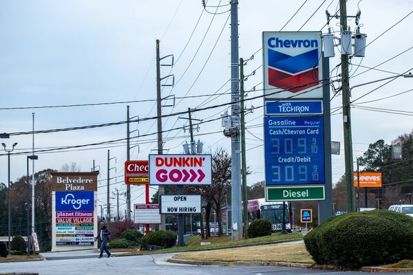 Gas prices will change significantly at midnight on Wednesday.  Current prices in the Belvedere Park are shown on Thursday, Nov 30, 2023.  Gov. Brian Kemp’s rollback of the state taxes of 31.2 cents per gallon of gasoline and 35 cents per gallon of diesel ends at 11:59 p.m. Wednesday.  (Jenni Girtman for The Atlanta Journal-Constitution)