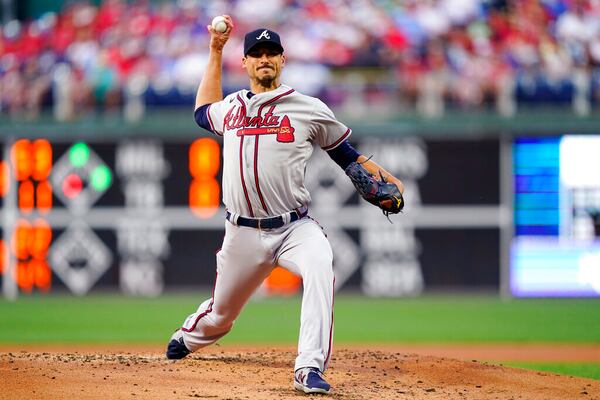 Atlanta Braves' Charlie Morton pitches during the first inning of a baseball game against the Philadelphia Phillies, Tuesday, June 28, 2022, in Philadelphia. (AP Photo/Matt Slocum)