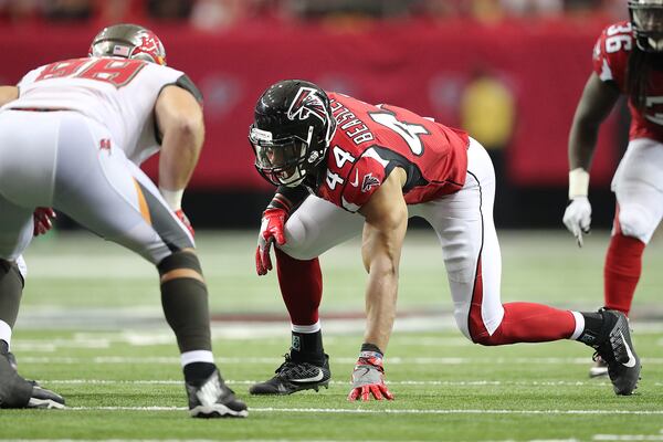  September 11, 2016 ATLANTA: Falcons Vic Beasley Jr., who did not have a stat on the sheet from the game, lines up to rush in the second half against the Buccaneers in an NFL football game on Sunday, Sept. 11, 2016, in Atlanta. Curtis Compton /ccompton@ajc.com