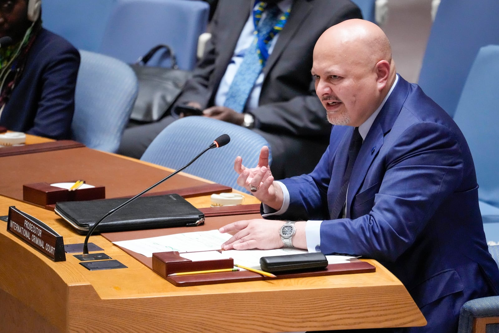 FILE - Karim Khan, prosecutor of International Criminal Court, addresses a Security Council meeting on the situation in Sudan, Thursday, July 13, 2023 at United Nations headquarters. (AP Photo/Mary Altaffer, File)