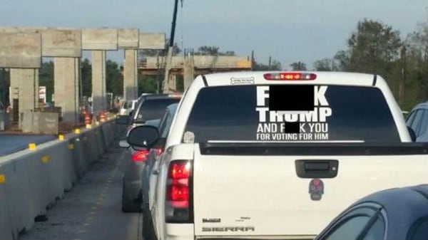 Fort Bend County Sheriff Troy E. Nehls on Wednesday, Nov. 15, 2017, shared this photo of a profane anti-Trump sticker on a truck, seeking the owner. Nehls said he was considering filing disorderly conduct charges against the owner.