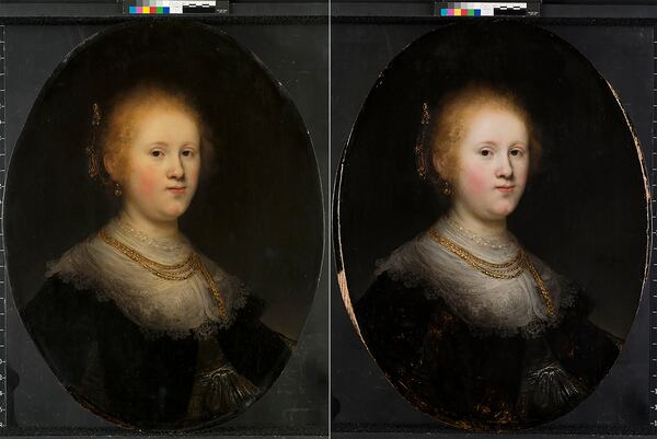 This photo combo provided by the Allentown Art Museum shows from left, before and after restoration of a painting called “Portrait of a Young Woman.”  Thanks to modern technology and some expert detective work, the 1632 painting that had long been attributed to an unknown artist in Rembrandt’s workshop has been judged to have been a work of the Dutch master himself.  (Allentown Art Museum via AP)