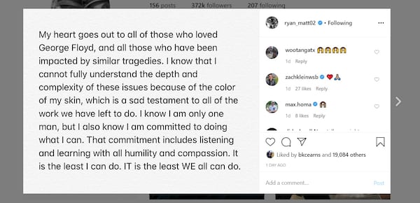 Screenshot of Matt Ryan's post on Instagram.