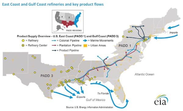 The Southeast is served by Colonial Pipeline and a competitor, the Products (SE) Pipe Line (formerly the Plantation Pipeline). This map by the U.S. Energy Information Administration refers to "PADDs," which are geographic regions that the government uses to analyze supplies — the East Coast is one and the Gulf Coast is another. (SOURCE: U.S. EIA)