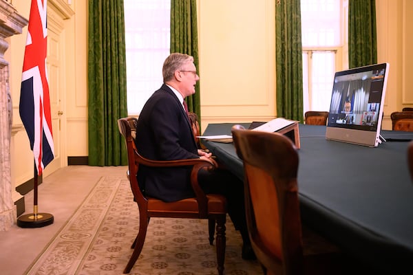 Britain's Prime Minister Keir Starmer speaks with European leaders at the beginning of a video conference at 10 Downing Street in London, England, March 15, 2025. (Leon Neal/Pool Photo via AP)