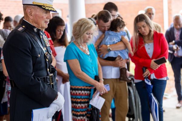  Gen Charles Wilhelm, USMC retired, prays during the Memorial Day ceremony at Carroll County Veterans Memorial Park Saturday, May 25, 2024. (Steve Schaefer / AJC)