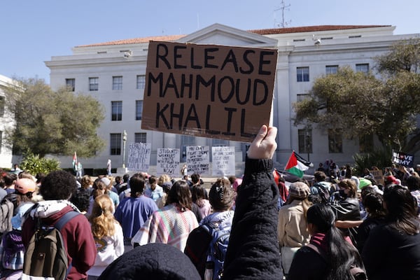 Protesters march on campus against the arrest of Mahmoud Khalil at UC Berkeley on Tuesday, March 11, 2025, in Berkeley, Calif. (Santiago Mejia/San Francisco Chronicle via AP)