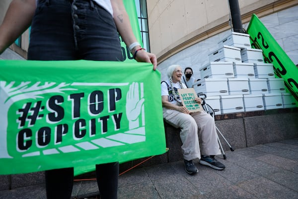 Lorraine Fontana of Grand Mothers for Peace awaits the press conference from the opponents of Atlanta’s planned public safety training center announcing the delivery of their petition with 100,000 signatures at the City Hall on Monday, Sept. 11, 2023.
Miguel Martinez /miguel.martinezjimenez@ajc.com