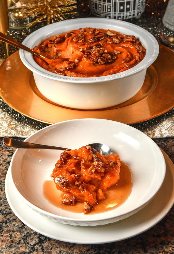 You can roast the sweet potatoes a day ahead for Razia Sabour's Sweet Potato Soufflé, but don't forget to use allspice when you're making it. (Styling by Razia Sabour / Chris Hunt for the AJC)