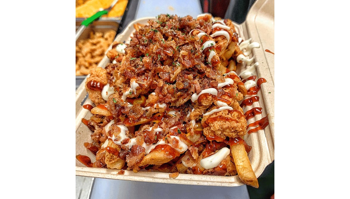 Barbecue ranch fried chicken fries with bacon from Mr. Fries Man. / Mr. Fries Man Facebook page