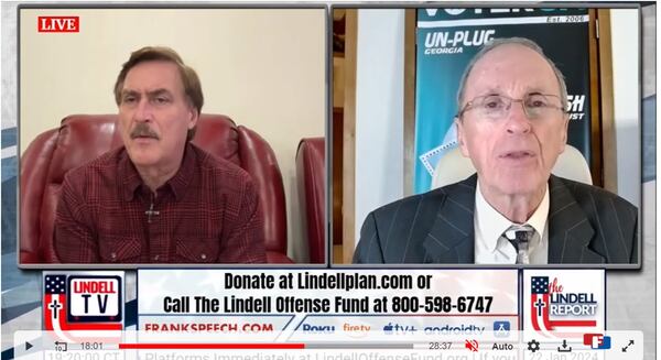 My Pillow CEO Mike Lindell interviews Garland Favorito of the advocacy group VoterGA on his show. Favorito has entered an election security trial as a "litigation consultant" seeking to bar Dominion voting equipment in Georgia.