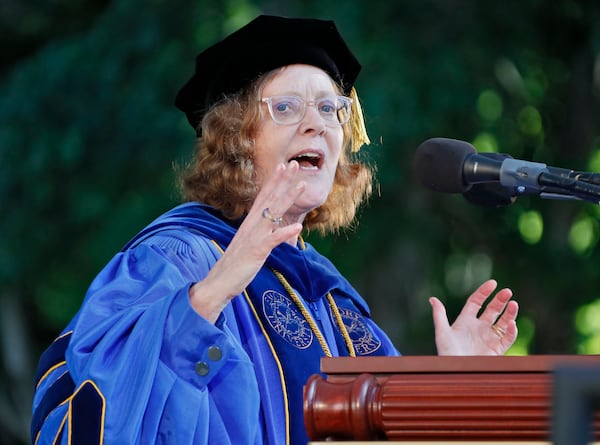 Claire E. Sterk during her presidential address. Sterk, the university's 20th president, presided over the 174th commencement exercises on Monday, May 13, 2019.  Andrew Young, former Atlanta mayor and civil rights activist, delivered the keynote address. Bob Andres / bandres@ajc.com