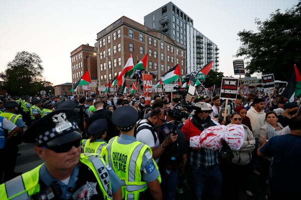 A heavy police presence was visible at a demonstration outside of the Democratic National Convention in Chicago.