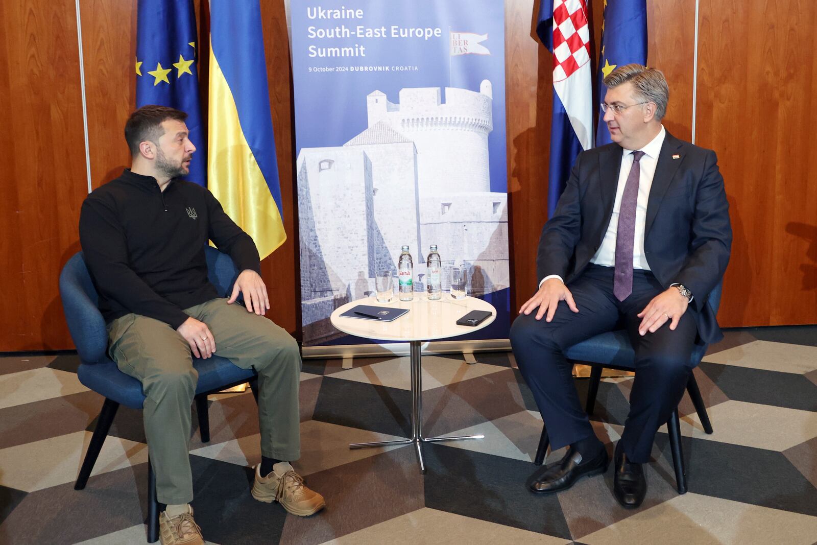 Ukrainian President Volodymyr Zelenskyy, left, meets Croatian Prime Minister Andrej Plenkovic at the Southeast Europe Croatia Ukraine summit in Dubrovnik, Croatia, Wednesday, Oct. 9, 2024. (Damir Sencar/Pool Photo via AP)