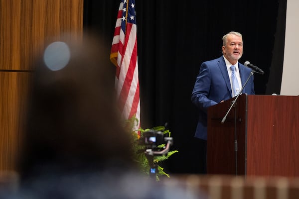 Forsyth County School Superintendent Jeff Bearden speaks at orientation for new Forsyth County teachers at Denmark High School in Alpharetta, Georgia, on Tuesday, July 27, 2021. (Rebecca Wright for the Atlanta Journal-Constitution)