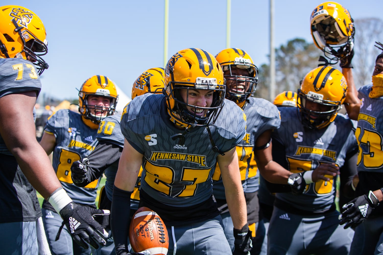 Cade Loden, a freshman defensive back for Kennesaw State, celebrates after recovering a fumble and scoring a touchdown against Dixie State on Saturday, March 20, 2021, at Fifth Third Bank Stadium in Kennesaw. Kennesaw State defeated Dixie State 37-27. CHRISTINA MATACOTTA FOR THE ATLANTA JOURNAL-CONSTITUTION.