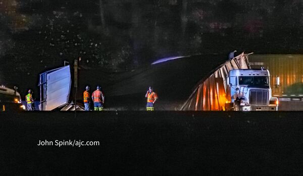 A jackknifed tractor-trailer blocked lanes on I-285 South in DeKalb County for hours on Wednesday morning.