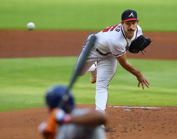 Braves starting pitcher Spencer Strider delivers against the New York Mets during the first inning in a MLB baseball game on Tuesday, July 12, 2022, in Atlanta.  “Curtis Compton / Curtis Compton@ajc.com”