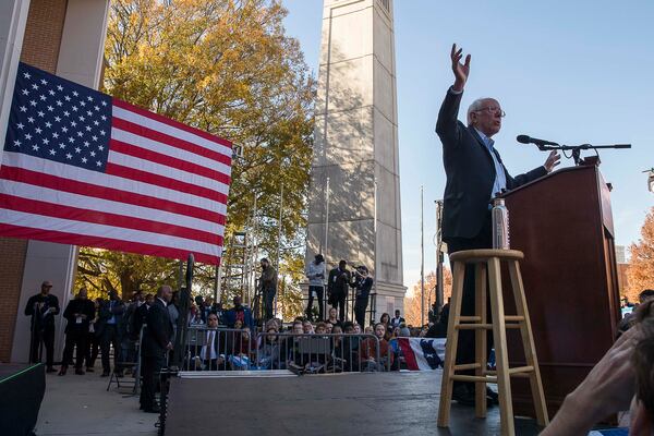 11/21/2019 -- Atlanta, Georgia -- U.S. Sen. Bernie Sanders speaks during his New Deal Democrats Rally at Morehouse College in Atlanta, Thursday, November 21, 2019. (Alyssa Pointer/Atlanta Journal Constitution)