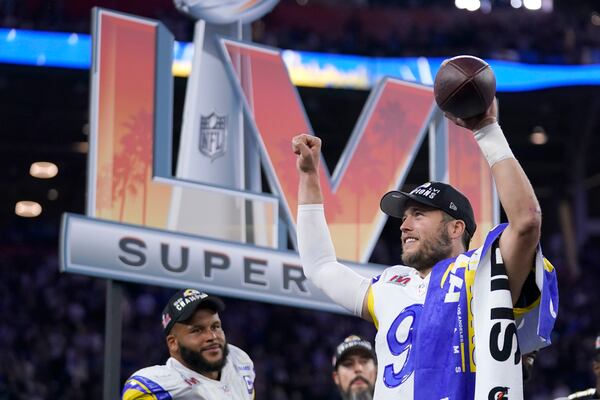 Rams quarterback Matthew Stafford celebrates after LA defeated the Cincinnati Bengals on Sunday in the Super Bowl. (AP Photo/Marcio Jose Sanchez)