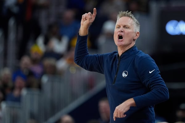 Golden State Warriors head coach Steve Kerr reacts during the first half of an NBA basketball game against the Atlanta Hawks, Wednesday, Nov. 20, 2024, in San Francisco. (AP Photo/Godofredo A. Vásquez)