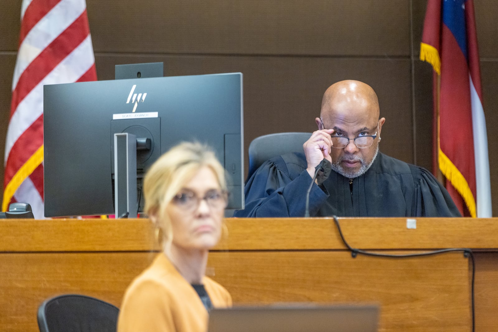 Judge Ural Glanville and court reporter Kristina Weaver are seen during the ongoing “Young Slime Life” gang trial in Atlanta on Tuesday, October 31, 2023. (Arvin Temkar / arvin.temkar@ajc.com)