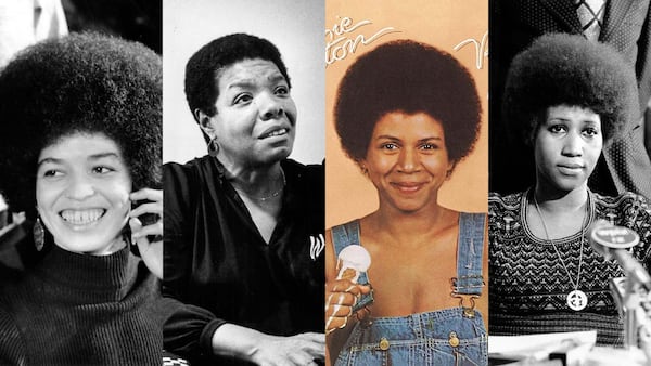 Iconic Afros from women in the 1970s: activist Angela Davis, seen here in 1972 after being released on bail; poet Maya Angelou in 1980; Minnie Riperton, from her 1974 "Perfect Angel" album; and Aretha Franklin, seen here in 1972. (AP file and Ray West/AJC file)