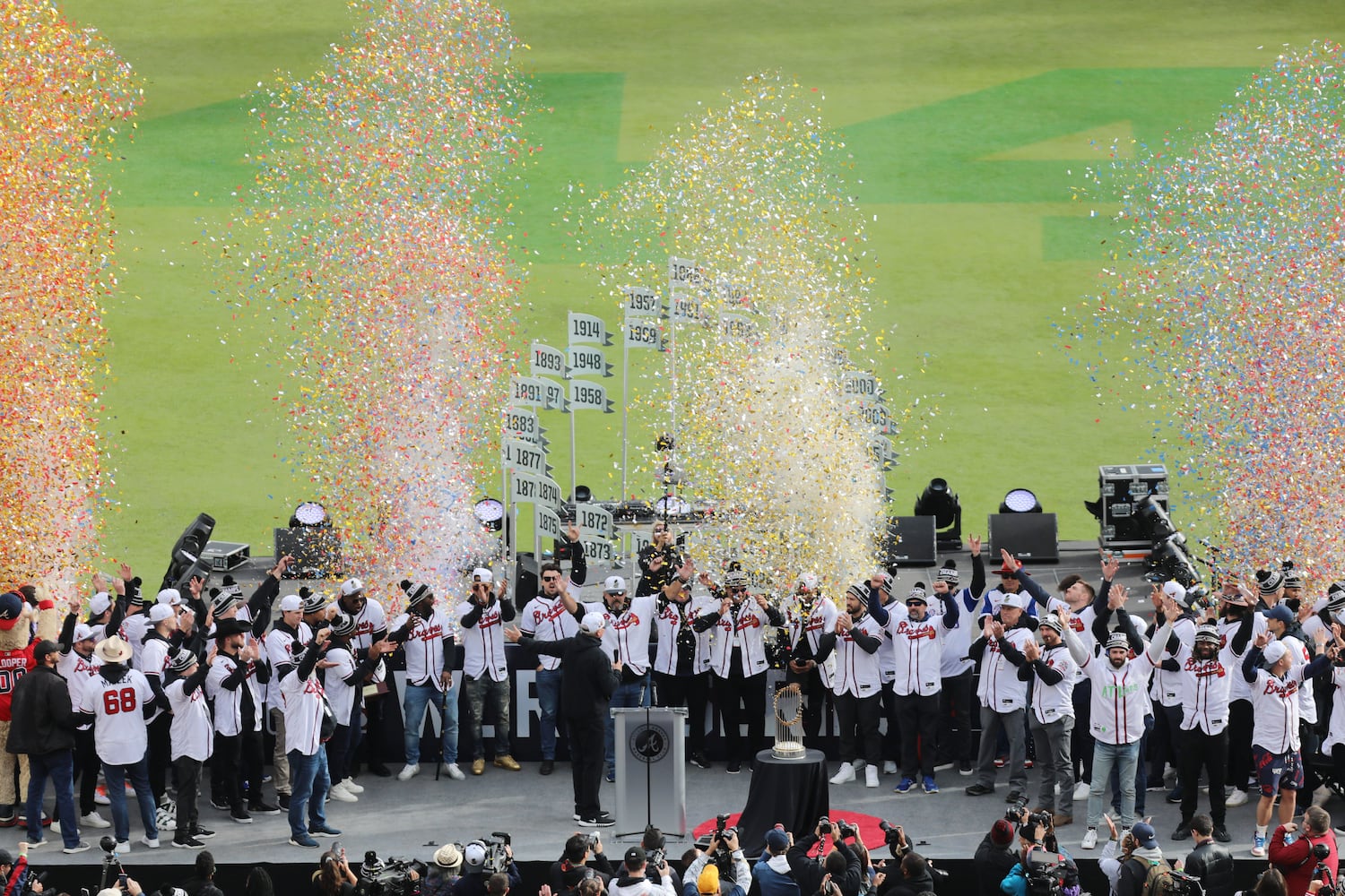 2021 World Series Champions celebrate with their fans at Truist Park on Friday, November 5, 2021.
Miguel Martinez for The Atlanta Journal-Constitution