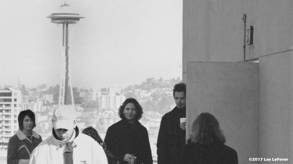 Soundgarden frontman Chris Cornell and Pearl Jam's Eddie Vedder went to the roof of the Newmark Tower at 1415 2nd Avenue to watch the Kingdome implosion at 8:30 a.m. March 26, 2000. (Photo copyright 2017 by Lee LeFever)