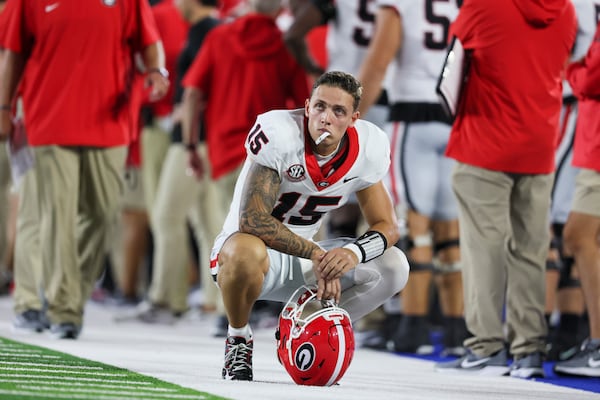 Georgia quarterback Carson Beck (15) reacts during the closing minutes of their game against Kentucky at Kroger Field, Saturday, Sept. 14, 2024, in Lexington, Kentucky. Georgia won 13-12. (Jason Getz / AJC)

