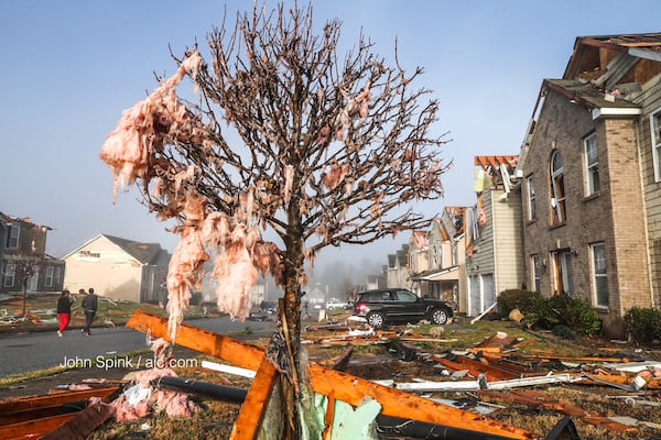 Insulation drapes a tree in the storm-ravaged Jumpers Trail neighborhood in Fairburn, Ga., March 20, 2018. JOHN SPINK / AJC