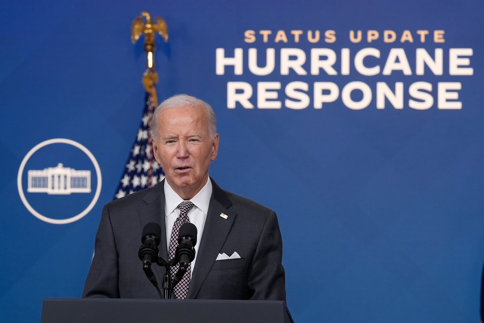 President Joe Biden speaks and gives an update on the impact and the ongoing response to Hurricane Milton, in the South Court Auditorium on the White House complex in Washington, Thursday, Oct. 10, 2024. (AP Photo/Susan Walsh)