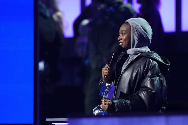 Little Simz before presenting Busta Rhymes with the 2024 MTV EMAs global icon award during the MTV European Music Awards in Manchester, England, Sunday, Nov. 10, 2024. (Scott A Garfitt/Invision/AP)