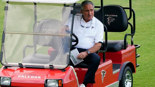 Atlanta Falcons owner Arthur Blank watches during the team's mini camp workout from a golf cart Tuesday, June 8, 2021, in Flowery Branch, Ga. (John Bazemore/AP)