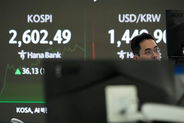 A currency trader watches monitors near a screen showing the Korea Composite Stock Price Index (KOSPI), left, and the foreign exchange rate between U.S. dollar and South Korean won at the foreign exchange dealing room of the KEB Hana Bank headquarters in Seoul, South Korea, Monday, March 17, 2025. (AP Photo/Ahn Young-joon)