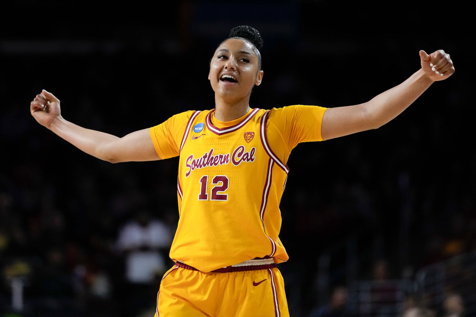 FILE - Southern California guard JuJu Watkins reacts after a shot during a second-round college basketball game against Kansas in the women's NCAA Tournament in Los Angeles, Monday, March 25, 2024. (AP Photo/Ashley Landis, File)