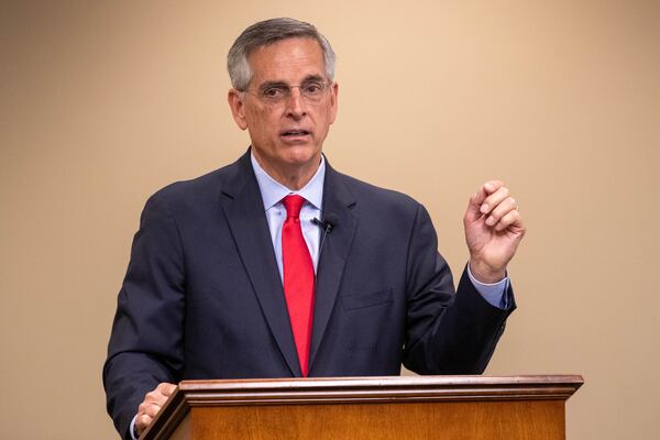 Secretary of State Brad Raffensperger speaks to the DeKalb Chamber of Commerce in Tucker on Wednesday, July 19, 2023. (Katelyn Myrick/katelyn.myrick@ajc.com)