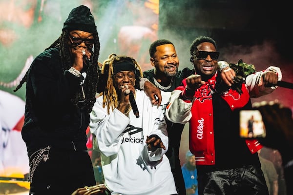 (l. to r.) Hip-hop quartet Hot Boys members B.G., Lil Wayne, Juvenile and Turk reunite during Live Nation Urban's Lil WeezyAna Fest at Smoothie King Center in New Orleans on Nov. 1, 2024.