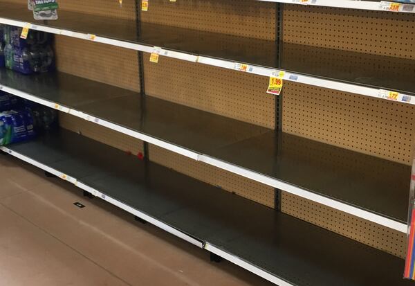 A few empty shelves in the water section at Glenwood Kroger Friday afternoon.