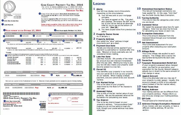 The Cobb County Tax Commissioner’s website has a sample tax bill with instructions (Courtesy of Cobb County)