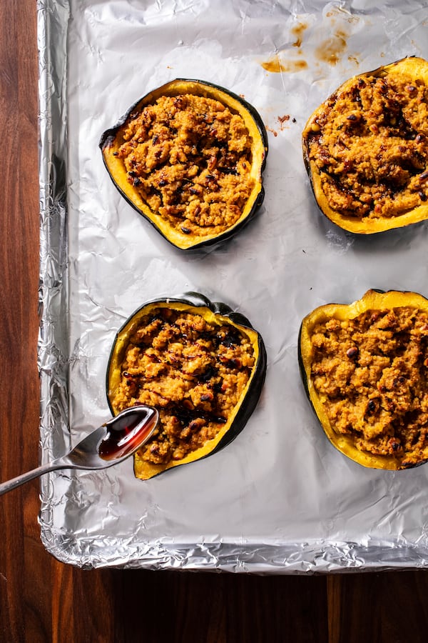 Bulgur-Stuffed Acorn Squash with Ras el Hanout is a recipe in the recently published “Five Ingredient Dinners: 100+ Fast, Flavorful Meals” from America's Test Kitchen. (Courtesy of Kevin White)