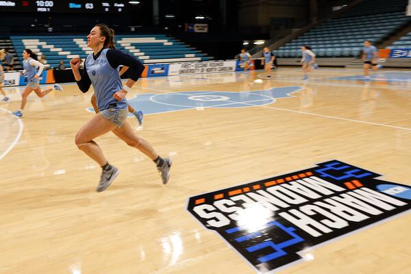 Columbia guard Marija Avlijas runs with teammates during practice in Chapel Hill, N.C., Wednesday, March 19, 2025, before their First Four basketball game in the NCAA Tournament against Washington on March 20. (AP Photo/Nell Redmond)