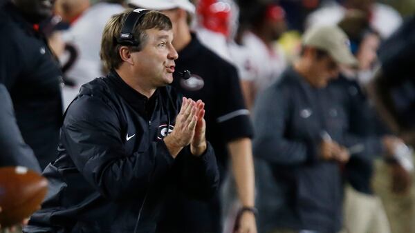 Georgia coach Kirby Smart watches from the sideline during the first half of an NCAA college football game against Notre Dame in South Bend, Ind., Saturday, Sept. 9, 2017. (Joshua L. Jones/Athens Banner-Herald via AP)