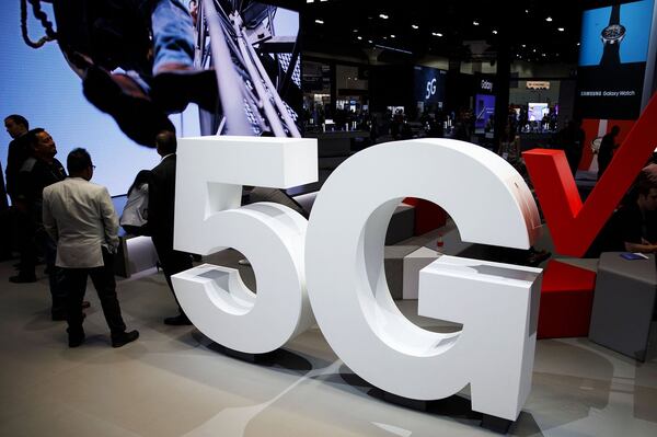 5G wireless signage is displayed at Verizon’s booth during the Mobile World Congress Americas in Los Angeles. (Patrick T. Fallon/Bloomberg)