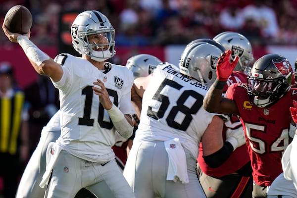 Las Vegas Raiders quarterback Desmond Ridder (10) pases in the pocket against the Tampa Bay Buccaneers during the second half of an NFL football game, Sunday, Dec. 8, 2024, in Tampa, Fla. (AP Photo/Chris O'Meara)