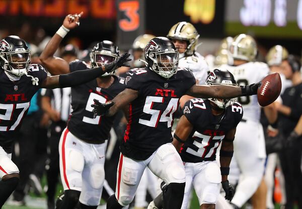 The Falcons have 23 players set to enter free agency March 15, including starting right tackle Kaleb McGary, leading tackler Rashaan Evans (54) and wide receiver Olamide Zaccheaus. (Curtis Compton file photo)