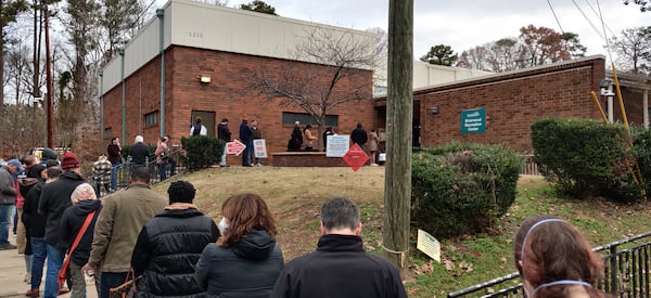 Just before 11 a.m., voters said it took them two hours to vote at Briarwood Briarwood Recreation Center. Voter Justin Gilman, who was still in line said he had already waited an hour. (Photo by Justin Gilman)