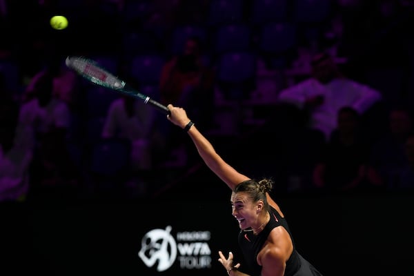 Belarus' Aryna Sabalenka in action during her women's singles semi final match against Coco Gauff of the U.S. at King Saud University Indoor Arena, in Riyadh, Saudi Arabia, Friday, Nov. 8, 2024. (AP Photo)