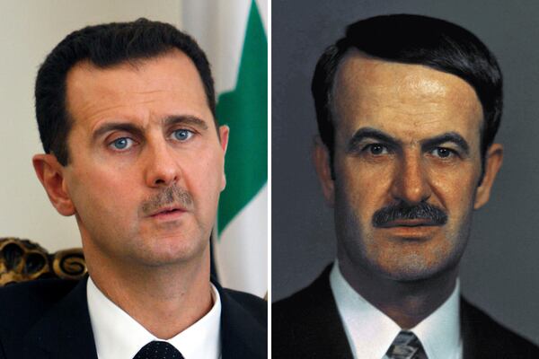 A combo of file photos shows Syrian President Bashar Assad, left, on Aug. 19, 2009, in Tehran, Iran, and his father, former Syrian President Hafez Assad, on Dec. 1, 1972, in an unknown location. (AP Photo)